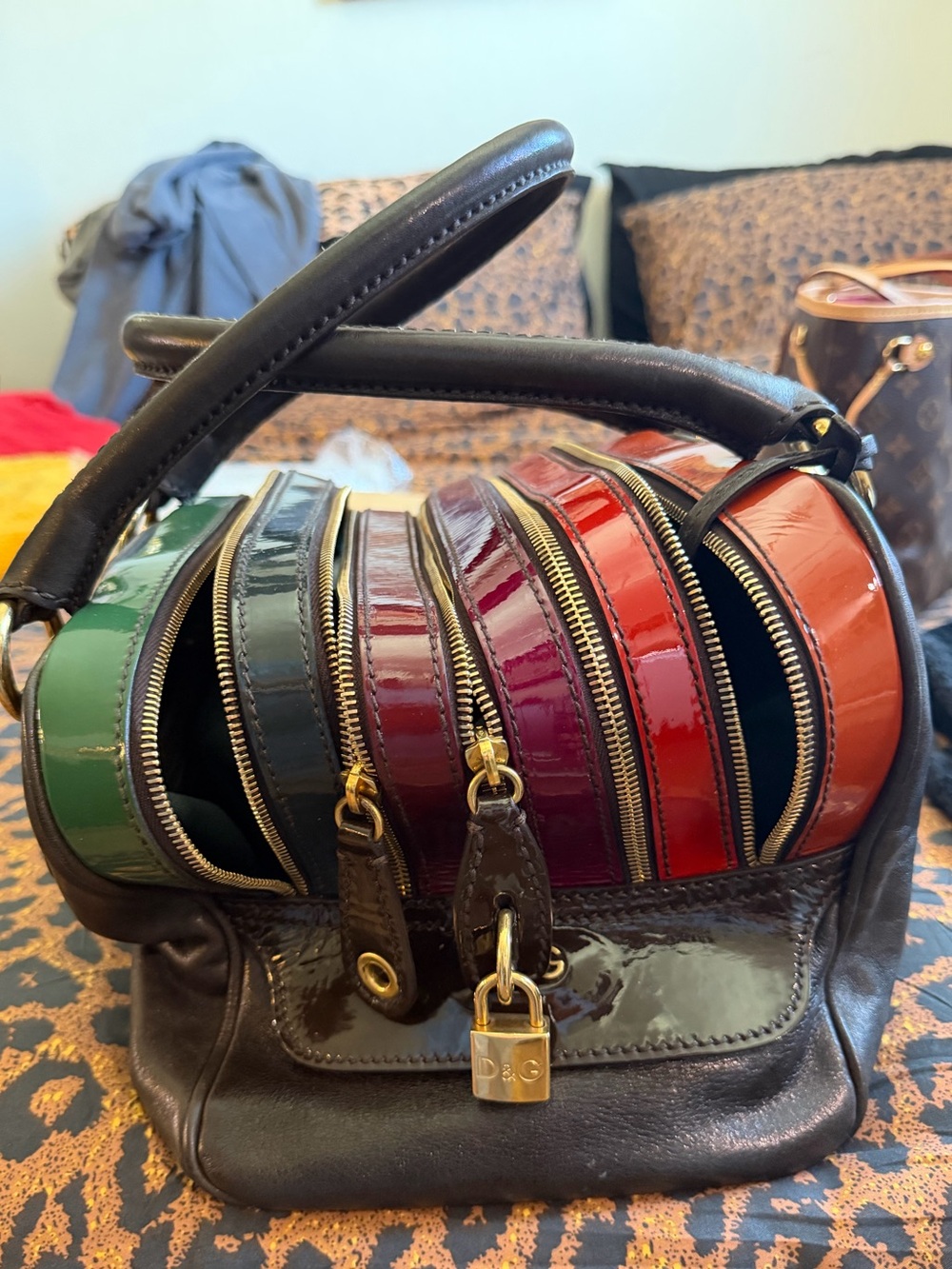 D&G Multicolor Patent Zip-Top Satchel in Black, Green, Burgundy, Red, Orange